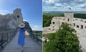 Spacer po ruinach zamków w okolicy Krakowa. Widok na zamek z mostu i z góry.
