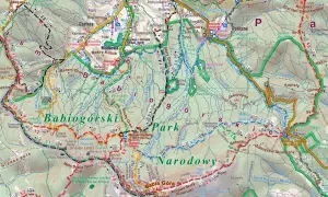 Mapa turystyczna Beskidu Żywieckiego z zaznaczonymi szlakami, w tym szlakiem na Babią Górę.