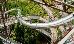 Drewniana ścieżka i metalowa zjeżdżalnia na Sky Walk Dolni Morava wśród zielonych drzew.