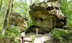 Spacerowicze na trasie przez Ciężkowice – Skamieniałe Miasto. Monumentalne skały tworzą niezwykły krajobraz.