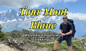 Mężczyzna z plecakiem na tle gór, przygotowuje się do trekkingu na trasie Tour Mont Blanc.