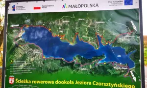 Mapa ścieżki rowerowej wokół Jeziora Czorsztyńskiego. Trasa Velo Dunajec ma ok. 30 km.