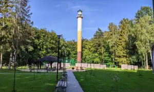 Wysoka wieża widokowa Orzechowo, otoczona zielenią, zaprasza do podziwiania krajobrazu.