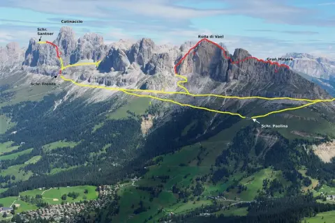 Trasa via ferrata w Dolomitach, prowadząca przez Catinaccio, Roda di Vael i Gran Masare, z zaznaczonymi schroniskami Santner, Fronza i Paolina.