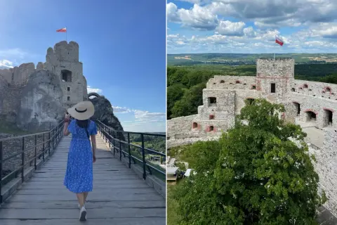 Spacer po ruinach zamków w okolicy Krakowa. Widok na zamek z mostu i z góry.