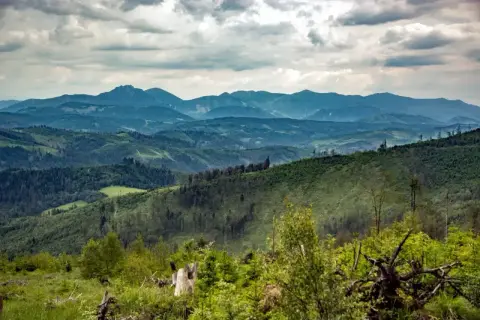 Wielka racza szlaki wiodą przez zielone, pofałdowane góry pod zachmurzonym niebem.