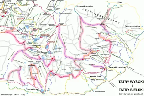 Mapa Tatr Słowackich zimą: szlaki, doliny, schroniska i szczyty. Widok na Tatry Wysokie i Bielskie.