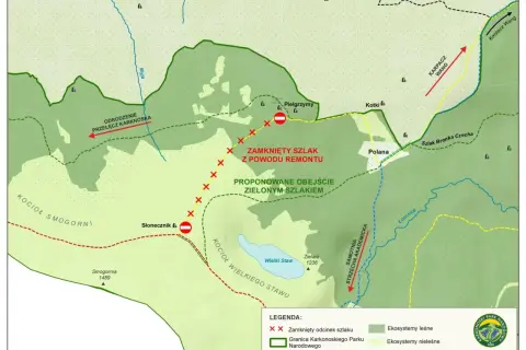 Mapa Karkonoszy: zamknięty szlak z powodu remontu, proponowane obejście zielonym szlakiem. Wskazówki dla turystów na szlaki długodystansowe w Polsce.