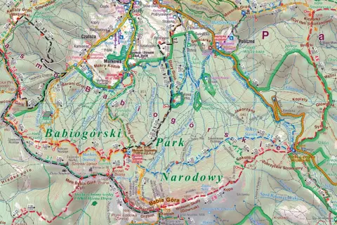Mapa turystyczna Beskidu Żywieckiego z zaznaczonymi szlakami, w tym szlakiem na Babią Górę.
