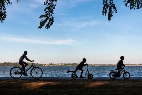 Dzieci na rowerach i hulajnogach przemierzają malownicze rowy trasy rowerowe nad jeziorem.