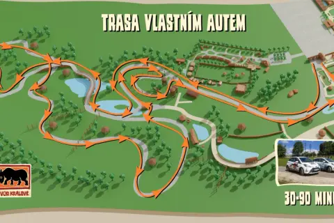 Mapa trasy własnym autem przez Safari Park Dvůr Králové. Pomarańczowe strzałki wskazują drogę przez tereny z drzewami, wodami i budynkami. Czas przejazdu: 30-90 minut.