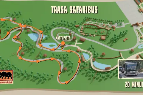 Mapa trasy safari bus w czeskim zoo. Pomarańczowe strzałki pokazują drogę przez park, z zaznaczonym punktem wejścia.