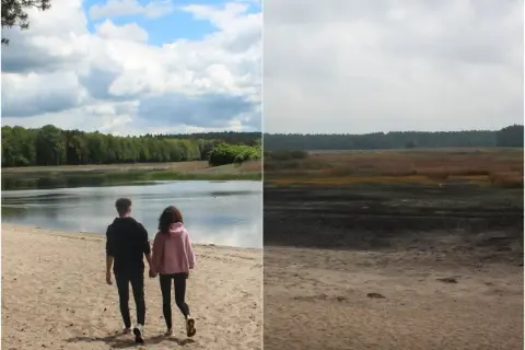 Para spaceruje po piaszczystej plaży nad jeziorem, w tle las. Po prawej stronie rozległe mokradła, tworzące dziki zwierzyniec. Trasa widokowa.