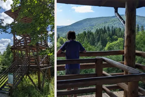 Drewniana wieża widokowa Szczerbanówka w otoczeniu zieleni. Dziecko podziwia panoramę gór z platformy widokowej.
