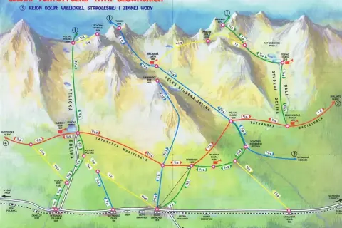 Mapa szlaków turystycznych w Tatrach Słowackich. Kolorowe linie pokazują różne szlaki wiodące przez malownicze doliny i szczyty.