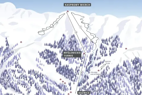 Mapa tras narciarskich Kasprowy Wierch. Od Kuźnic przez Myślenickie Turnie na szczyt.