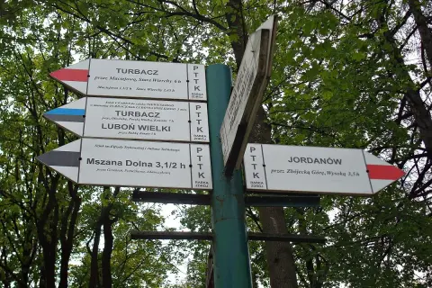Rozdroże szlaków w Rabce Zdroju. Wskazówki kierują do Turbacza, Lubonia Wielkiego, Mszany Dolnej i Jordanowa.