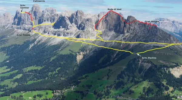 Trasa via ferrata w Dolomitach, prowadząca przez Catinaccio, Roda di Vael i Gran Masare, z zaznaczonymi schroniskami Santner, Fronza i Paolina.