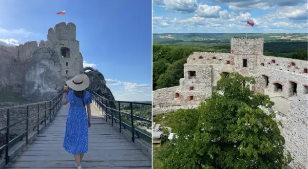 Spacer po ruinach zamków w okolicy Krakowa. Widok na zamek z mostu i z góry.