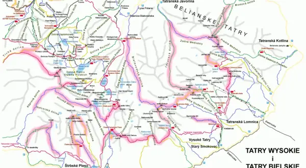 Mapa Tatr Słowackich zimą: szlaki, doliny, schroniska i szczyty. Widok na Tatry Wysokie i Bielskie.