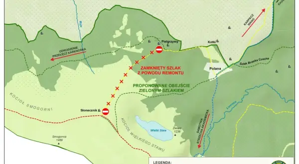 Mapa Karkonoszy: zamknięty szlak z powodu remontu, proponowane obejście zielonym szlakiem. Wskazówki dla turystów na szlaki długodystansowe w Polsce.