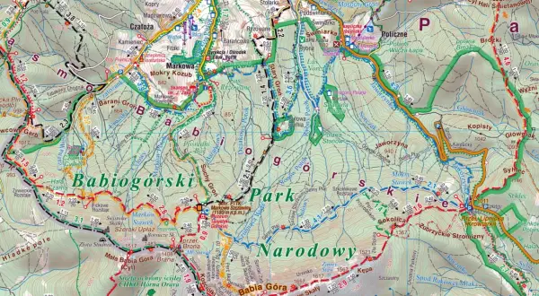 Mapa turystyczna Beskidu Żywieckiego z zaznaczonymi szlakami, w tym szlakiem na Babią Górę.