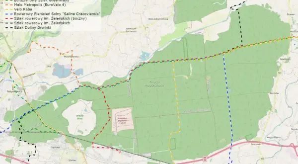 Mapa Puszczy Niepołomickiej z zaznaczonymi trasami rowerowymi, w tym Bursztynowym Szlakiem Greenways.