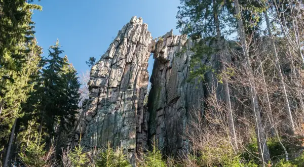 Skalny most rudawy, wyrzeźbiony przez naturę, góruje nad lasem.