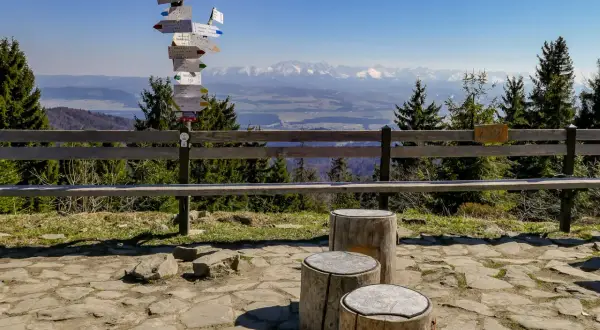 Widok z Turbacza na Tatry. Znak szlaków turystycznych wskazuje drogę do Nowego Targu.