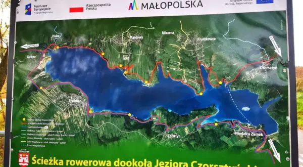 Mapa ścieżki rowerowej wokół Jeziora Czorsztyńskiego. Trasa Velo Dunajec ma ok. 30 km.