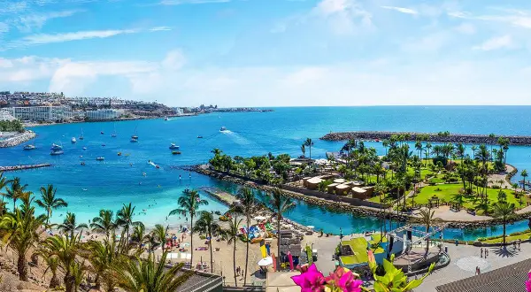 Gran Canaria ciekawostki: malownicza zatoka z plażą, palmami, łodziami i kurortem. Idealne miejsce na wakacje.