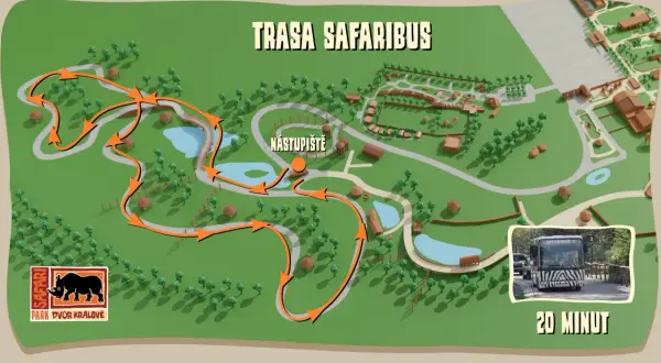 Mapa trasy safari bus w czeskim zoo. Pomarańczowe strzałki pokazują drogę przez park, z zaznaczonym punktem wejścia.
