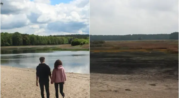 Para spaceruje po piaszczystej plaży nad jeziorem, w tle las. Po prawej stronie rozległe mokradła, tworzące dziki zwierzyniec. Trasa widokowa.