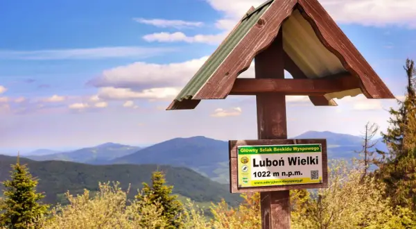 Tablica informacyjna na szlaku Luboń Wielki (1022 m n.p.m.) w Beskidzie Wyspowym. Piękny widok na góry i niebo.