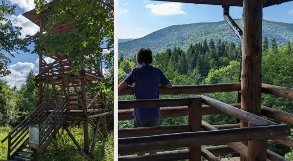 Drewniana wieża widokowa Szczerbanówka w otoczeniu zieleni. Dziecko podziwia panoramę gór z platformy widokowej.