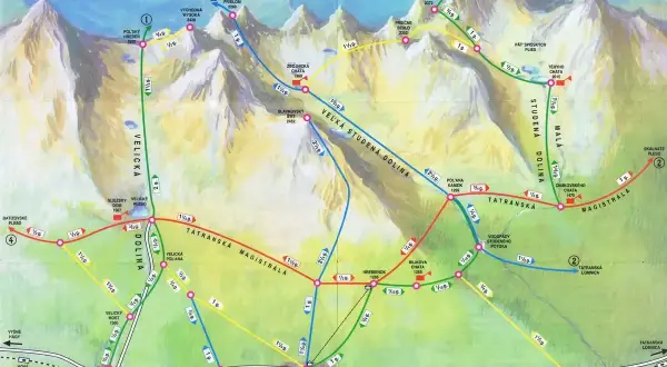 Mapa szlaków turystycznych w Tatrach Słowackich. Kolorowe linie pokazują różne szlaki wiodące przez malownicze doliny i szczyty.