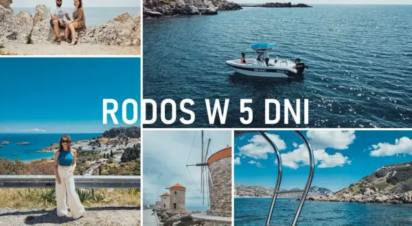 Rodos co zobaczyć: para na skałach, łódź na morzu, kobieta z widokiem na Lindos, wiatraki i widok na zatokę.