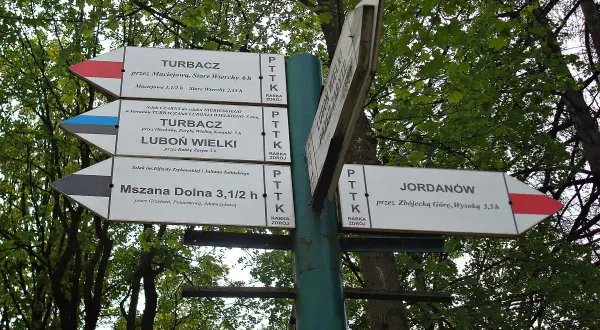 Rozdroże szlaków w Rabce Zdroju. Wskazówki kierują do Turbacza, Lubonia Wielkiego, Mszany Dolnej i Jordanowa.