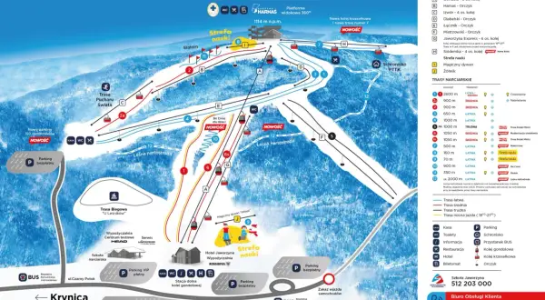 Mapa krynica zdrój stoki narciarskie: trasy, wyciągi, parkingi i atrakcje.