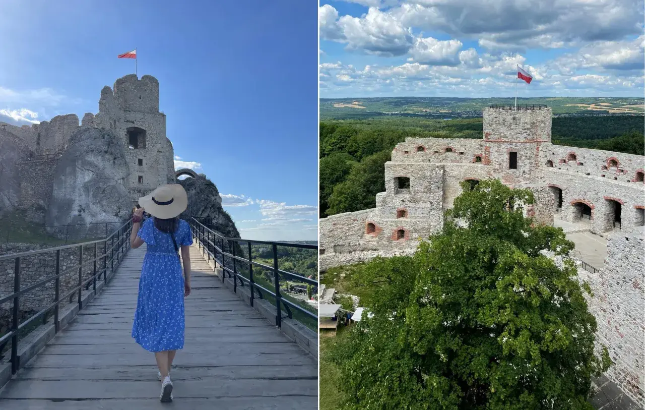 Spacer po ruinach zamków w okolicy Krakowa. Widok na zamek z mostu i z góry.