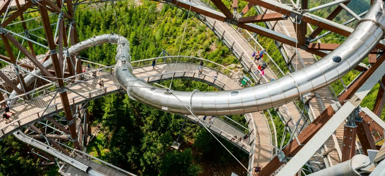 Drewniana ścieżka i metalowa zjeżdżalnia na Sky Walk Dolni Morava wśród zielonych drzew.