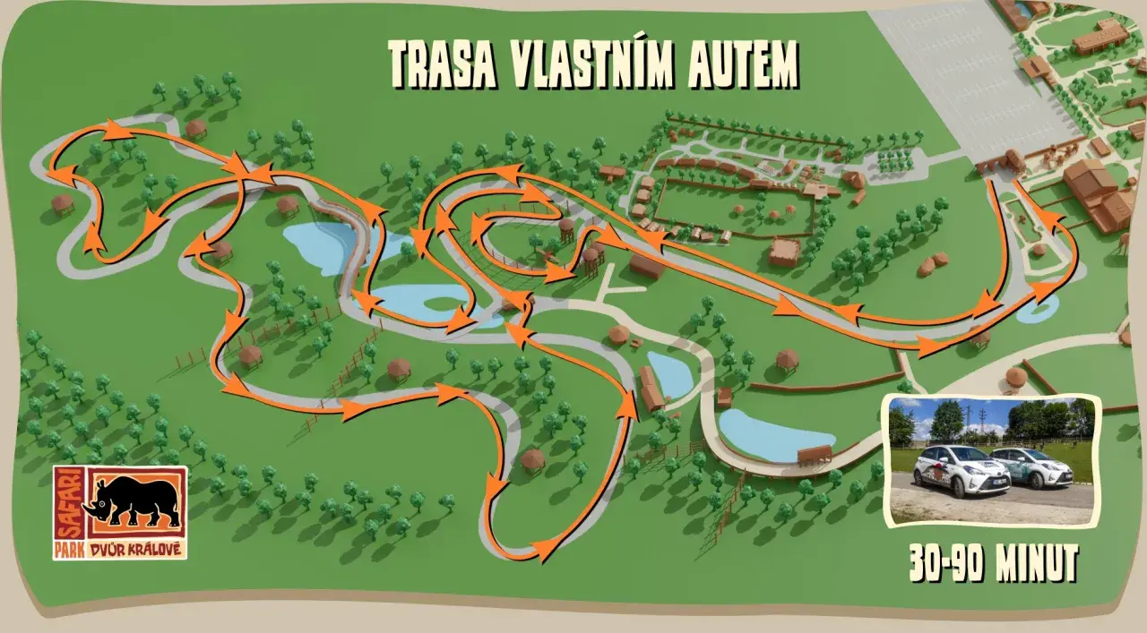 Mapa trasy własnym autem przez Safari Park Dvůr Králové. Pomarańczowe strzałki wskazują drogę przez tereny z drzewami, wodami i budynkami. Czas przejazdu: 30-90 minut.