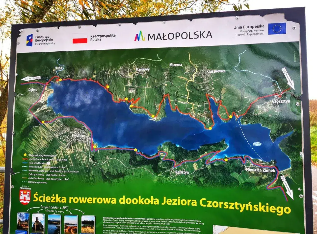Mapa ścieżki rowerowej wokół Jeziora Czorsztyńskiego. Trasa Velo Dunajec ma ok. 30 km.