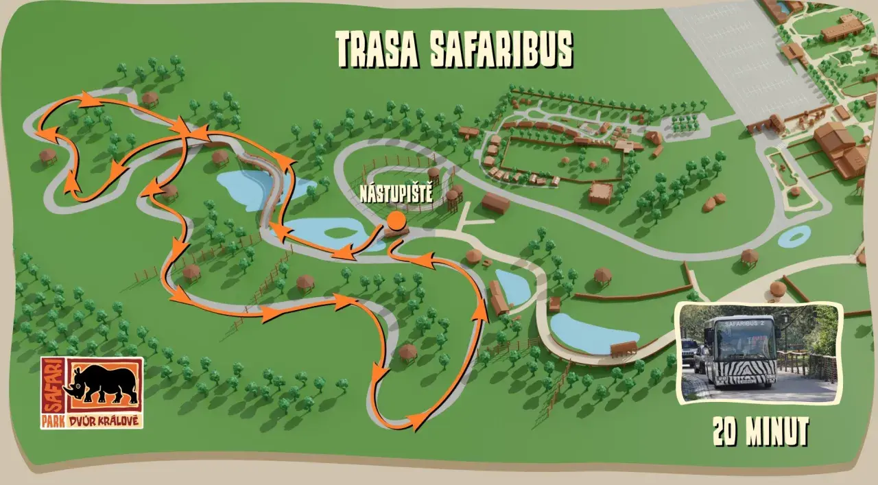 Mapa trasy safari bus w czeskim zoo. Pomarańczowe strzałki pokazują drogę przez park, z zaznaczonym punktem wejścia.