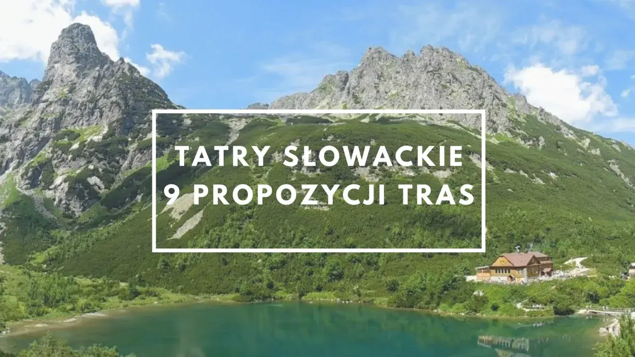 Malownicze tatry słowackie szczyty nad turkusowym jeziorem. Widok na góry i schronisko.