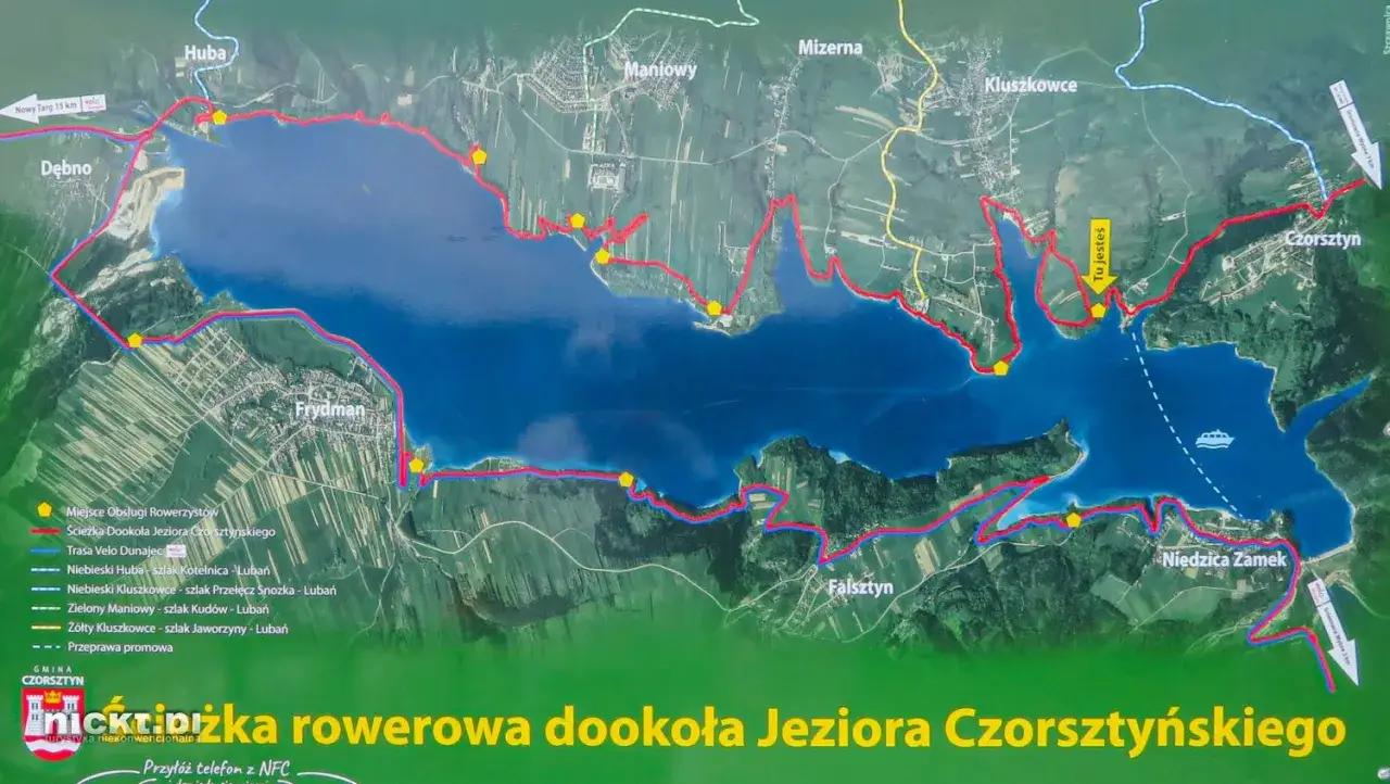 Mapa szlaku rowerowego Velo Czorsztyn. Trasa dookoła jeziora, z zaznaczonymi punktami obsługi rowerzystów i miejscowościami.