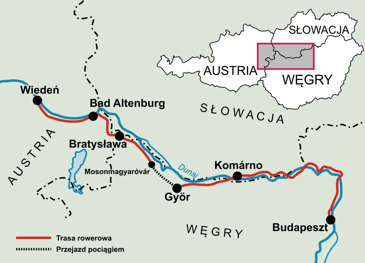 Mapa pokazuje trasę rowerową i kolejową z Wiednia przez Bratysławę i Győr do Budapesztu, wzdłuż Dunaju.