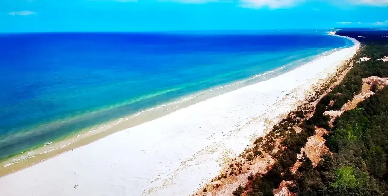 Piękna plaża i turkusowe morze, a w tle las i ruchome wydmy Łeba.
