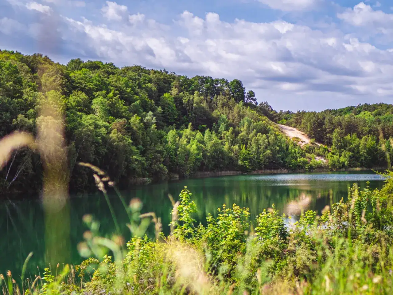 Malownicze jezioro turkusowe na Wolinie, otoczone bujną zielenią lasów i piaszczystym zboczem.