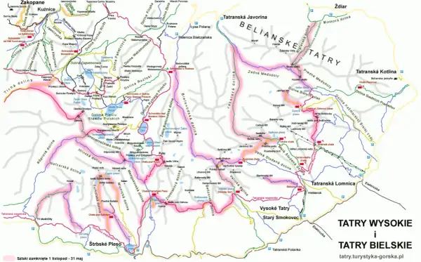 Mapa Tatr Słowackich zimą: szlaki, doliny, schroniska i szczyty. Widok na Tatry Wysokie i Bielskie.
